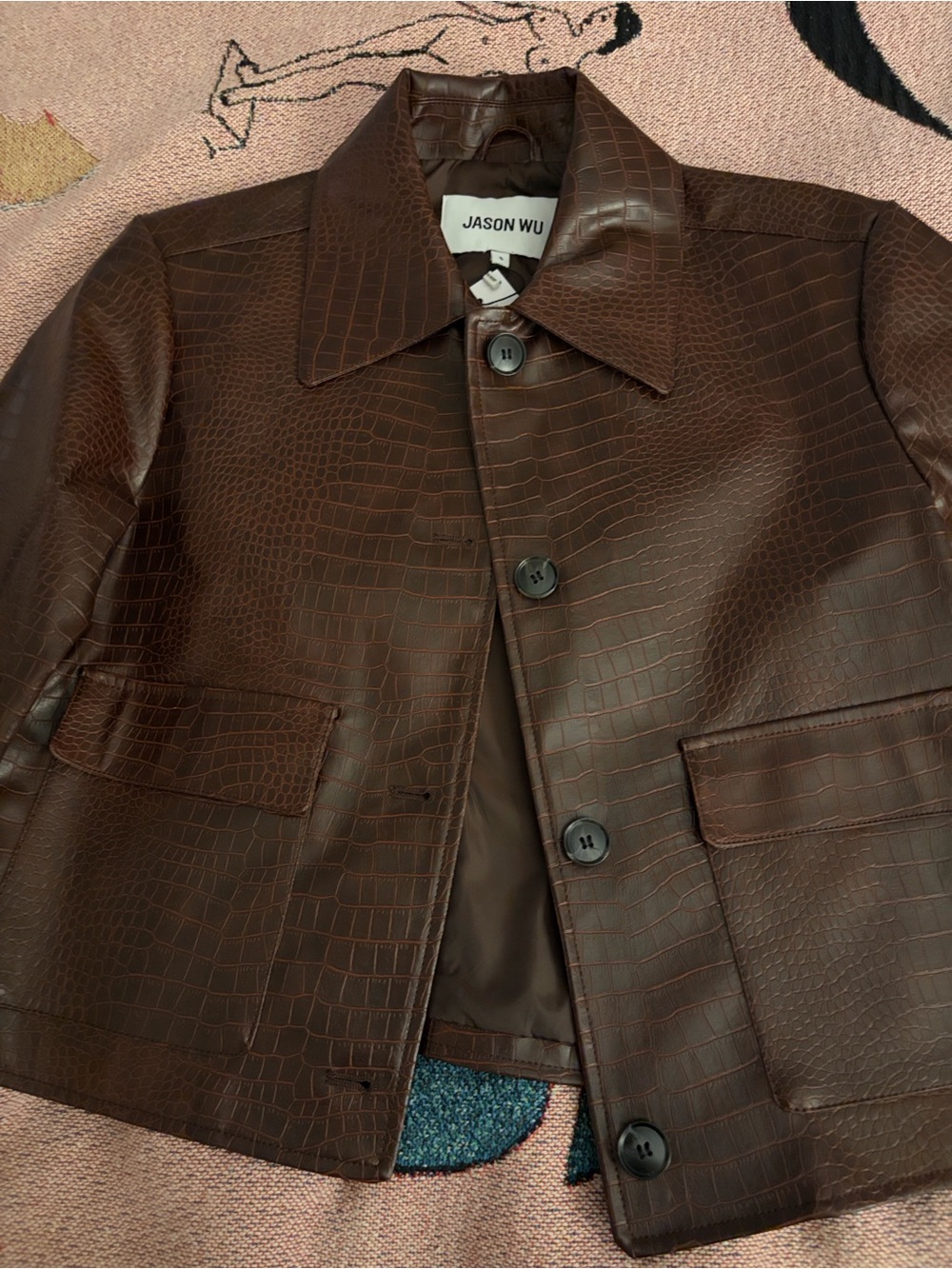Jason Wu Brown Croc-Embossed Leather Shirt Jacket